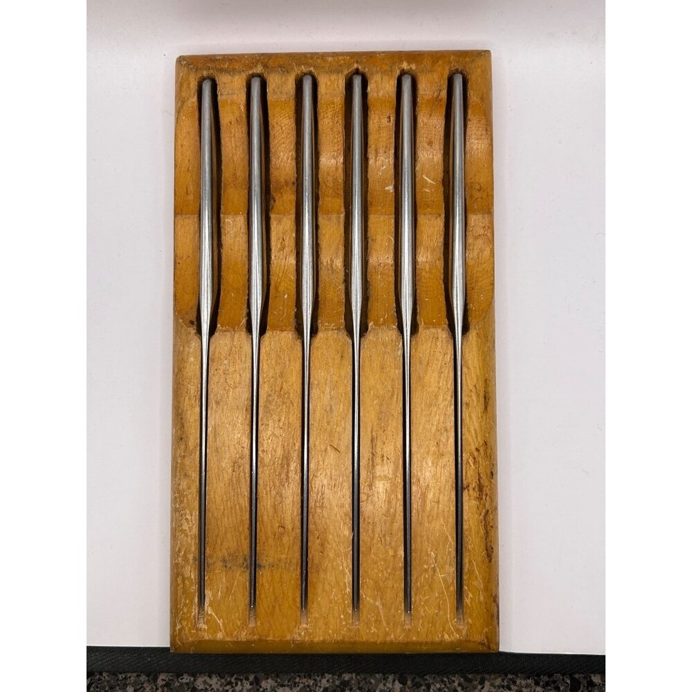 Set Of 6 Vintage Stainless Steel Steak Knives With Wooden Storage Block
